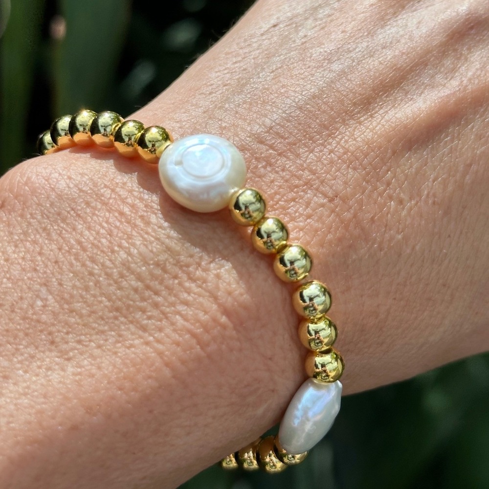Gold-Filled Beaded Stretch 7" Bracelet White Freshwater Pearls Coastal Style